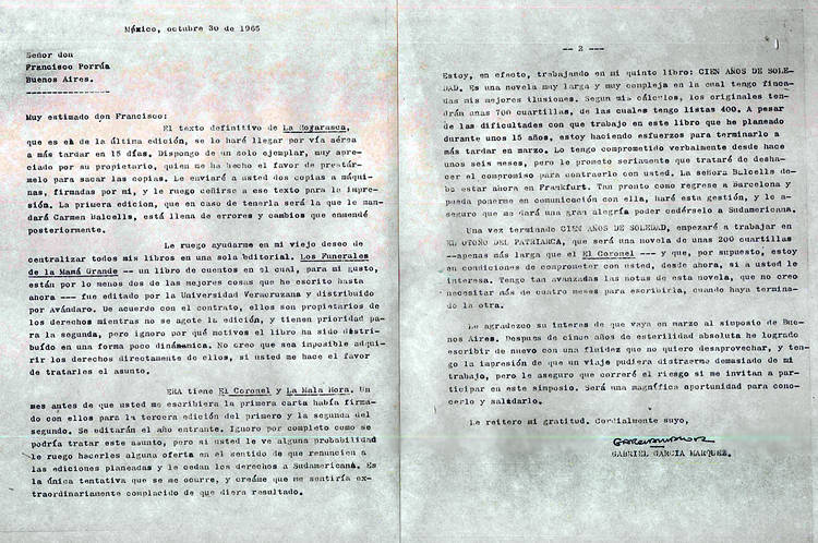 La carta con la que García Márquez ofreció Cien años de soledad